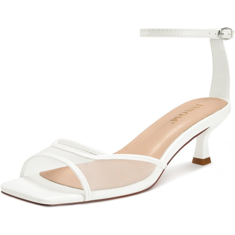 Women's Matte White Mesh Kitten Heels Sandals Square Toe Buckle Strap Low Heel